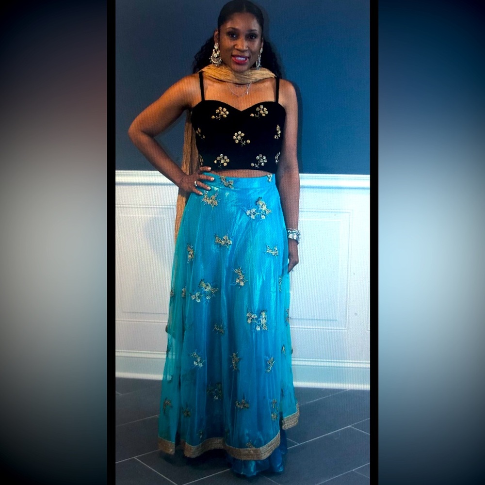 Teal blue lehenga with navy bustier